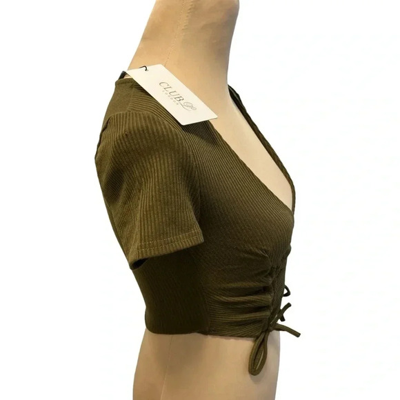 Club L London Ruched Front Plunge Front Crop Top Khaki Green/Brown Size 2 NWT - Picture 3 of 10